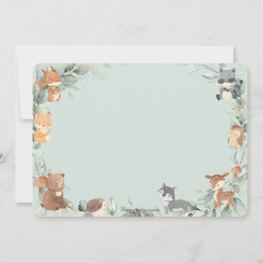 ウッドランドアニマルズセージ緑の中性ベビーシャワー 招待状 (裏面)