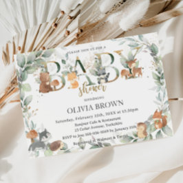 ウッドランドアニマルズセージ緑の中性ベビーシャワー 招待状
