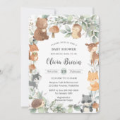 ウッドランドアニマルズセージ緑の中性ベビーシャワー 招待状 (正面)