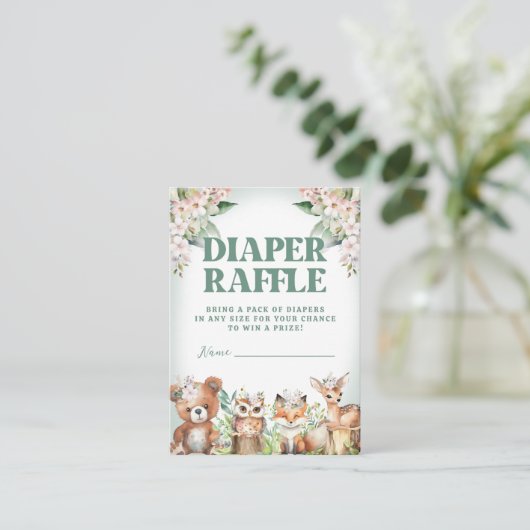 ウッドランドアニマルズソフトグリーン&フローラおむつラッフル エンクロージャーカード (スタンド正面)