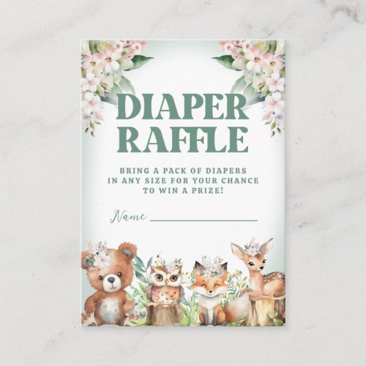 ウッドランドアニマルズソフトグリーン&フローラおむつラッフル エンクロージャーカード (正面)