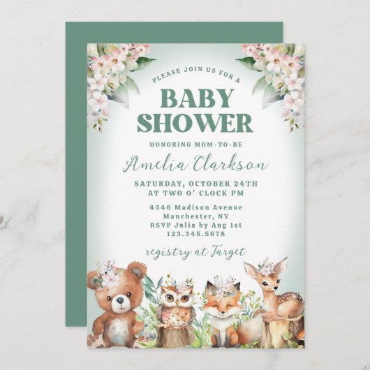 ウッドランドアニマルズソフトグリーン&フローラベビーシャワー 招待状 (正面/裏面)