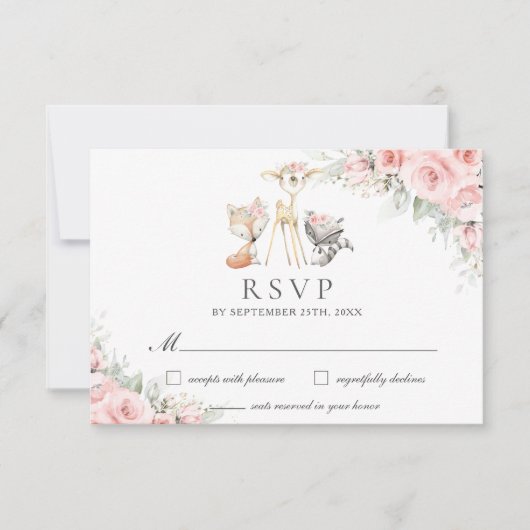 ウッドランドアニマルズソフト赤面ピンクフローラ緑 出欠カード (正面)