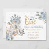 ウッドランドアニマルズトライバルブルーワイルドワン誕生日 招待状 (正面)