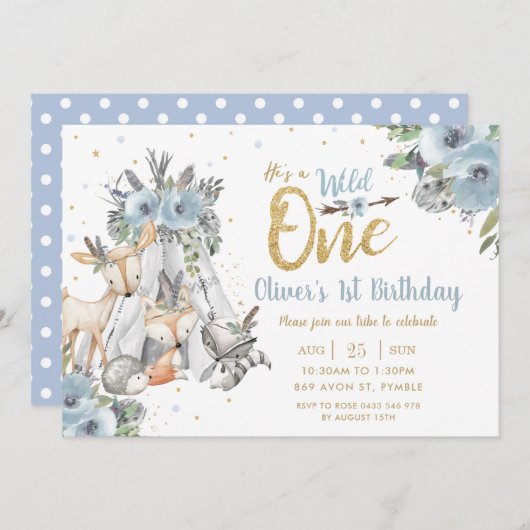 ウッドランドアニマルズトライバルブルーワイルドワン誕生日 招待状 (正面/裏面)