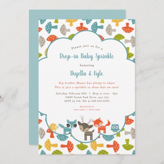 ウッドランドアニマルズドロップインベビー 招待状 (正面/裏面)