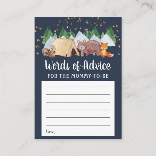 ウッドランドアニマルズナイトキャンピングベビーシャワーアドバイス エンクロージャーカード (正面)