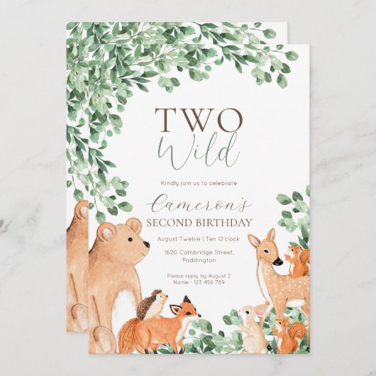 ウッドランドアニマルズバイワイルドセカンド誕生日 招待状 (正面/裏面)