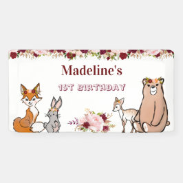 ウッドランドアニマルズバーガンディ&ピンクフローラバナー 横断幕