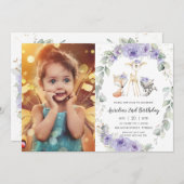 ウッドランドアニマルズパープルフローラグリーン誕生日 招待状 (正面/裏面)