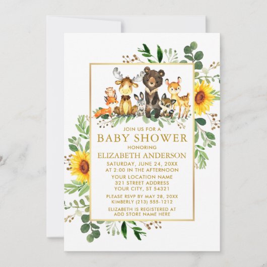 ウッドランドアニマルズヒマワリ金ゴールド赤ちゃんシャワー 招待状 (正面)