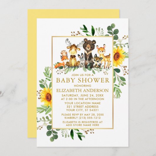ウッドランドアニマルズヒマワリ金ゴールド赤ちゃんシャワー 招待状 (正面/裏面)