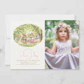 ウッドランドアニマルズピクニックガール誕生日写真 招待状 (正面)