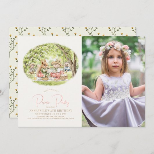 ウッドランドアニマルズピクニックガール誕生日写真 招待状 (正面/裏面)
