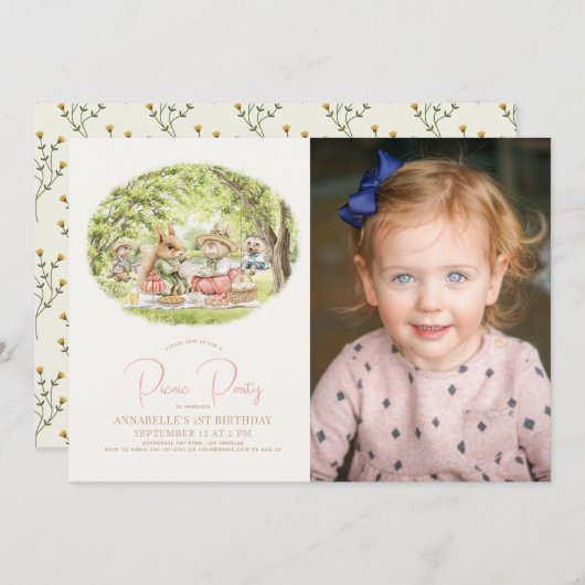 ウッドランドアニマルズピクニックガール1stバースデーフォト 招待状 (正面/裏面)