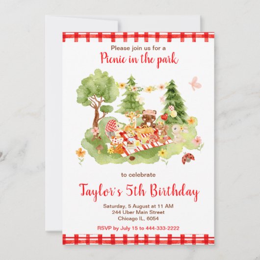 ウッドランドアニマルズピクニックバースデーパーティー 招待状 (正面)