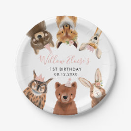 ウッドランドアニマルズピンクの誕生日パーティー ペーパープレート