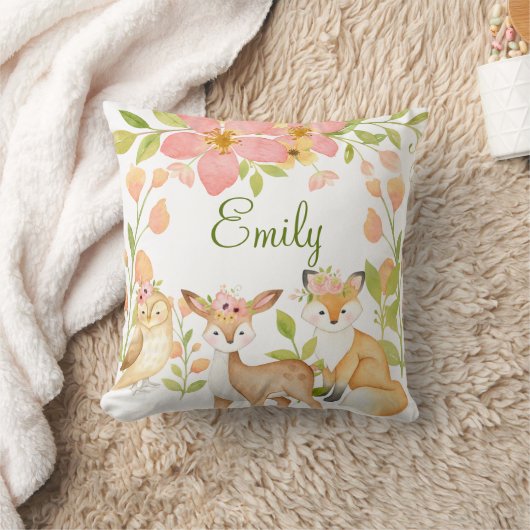 ウッドランドアニマルズピンクパーソナライズされたフローラ クッション (ブランケット)