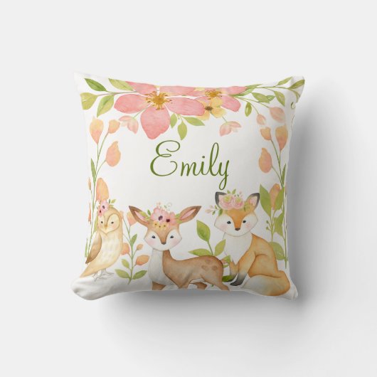 ウッドランドアニマルズピンクパーソナライズされたフローラ クッション (正面)
