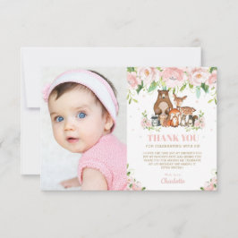 ウッドランドアニマルズピンクフローラガール1st誕生日 サンキューカード
