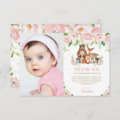 ウッドランドアニマルズピンクフローラガール1st誕生日 サンキューカード (正面/裏面)