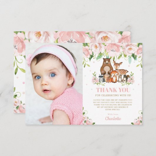 ウッドランドアニマルズピンクフローラガール1st誕生日 サンキューカード (正面/裏面)