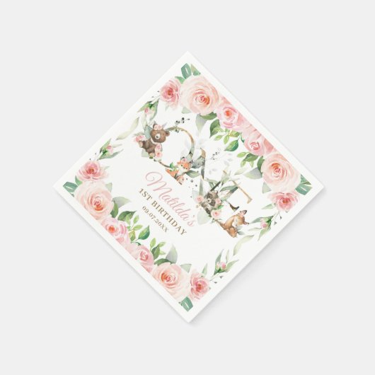 ウッドランドアニマルズピンクフローラガール1st誕生日 スタンダードカクテルナプキン (角)
