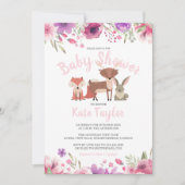 ウッドランドアニマルズピンクフローラベビーガールシャワー 招待状 (正面)
