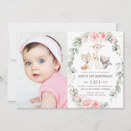 ウッドランドアニマルズピンクフローラリース誕生日写真 招待状 (正面)