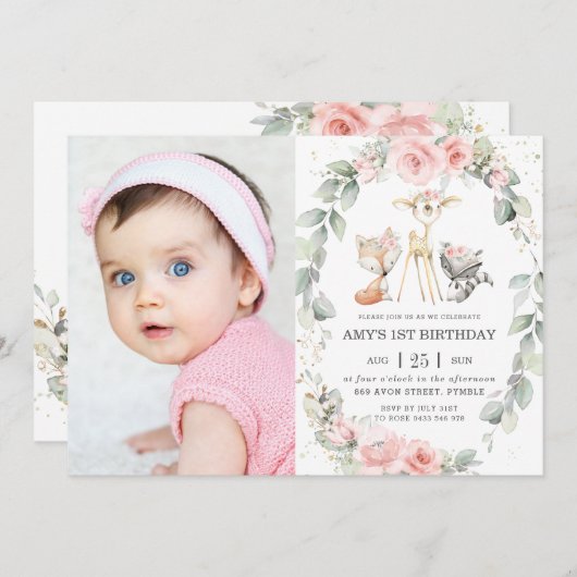 ウッドランドアニマルズピンクフローラリース誕生日写真 招待状 (正面/裏面)
