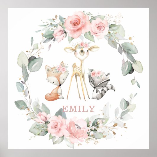 ウッドランドアニマルズピンクフローラ緑のウォールアート ポスター (正面)