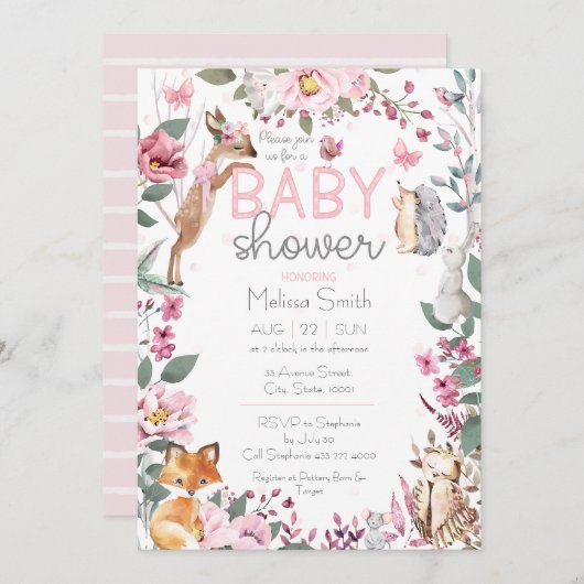 ウッドランドアニマルズピンクフローラ赤ちゃんシャワー 招待状 (正面/裏面)