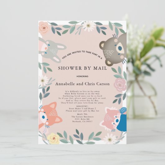 ウッドランドアニマルズピンクフローラ赤ちゃんシャワーbyメール 招待状 (スタンド正面)