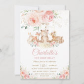 ウッドランドアニマルズピンクフローラ金ゴールドガール誕生日 招待状 (正面)