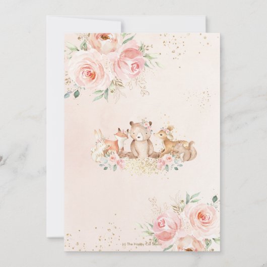 ウッドランドアニマルズピンクフローラ金ゴールドガール誕生日 招待状 (裏面)