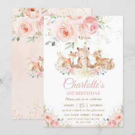 ウッドランドアニマルズピンクフローラ金ゴールドガール誕生日 招待状