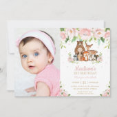 ウッドランドアニマルズピンクフローラ1stバースデーフォト 招待状 (正面)