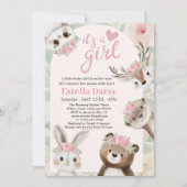 ウッドランドアニマルズピンクボホガールベビーシャワー 招待状 (正面)