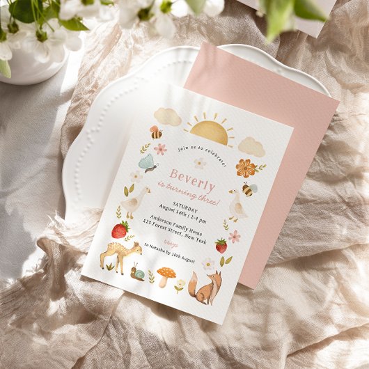 ウッドランドアニマルズピンク誕生日 招待状