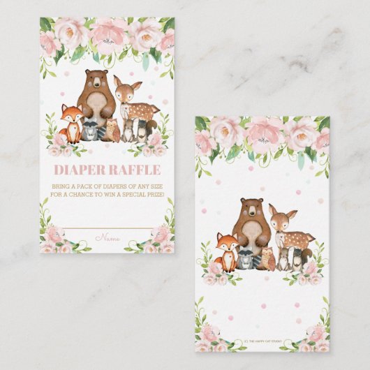 ウッドランドアニマルズピンク赤面フローラおむつラッフル エンクロージャーカード (正面/裏面)
