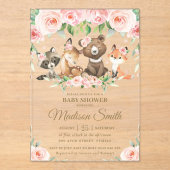 ウッドランドアニマルズピンク赤面フローラ赤ちゃんシャワー アクリル招待状 (正面)