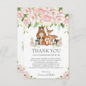 ウッドランドアニマルズピンク赤面フローラ赤ちゃんシャワー サンキューカード (正面/裏面)