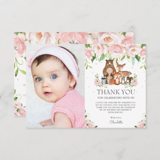 ウッドランドアニマルズピンク赤面フローラ1st誕生日 サンキューカード (正面/裏面)