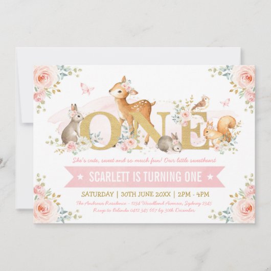 ウッドランドアニマルズピンク金ゴールドフローラ1st誕生日 招待状 (正面)