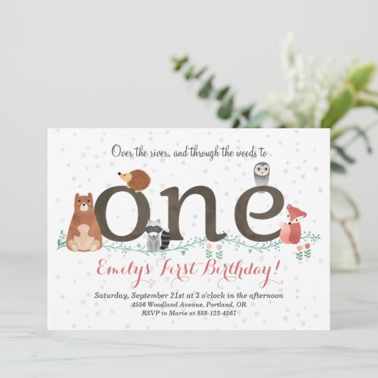 ウッドランドアニマルズファースト誕生日招待状 招待状 (スタンド正面)