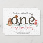 ウッドランドアニマルズファースト誕生日招待状 招待状 (正面/裏面)