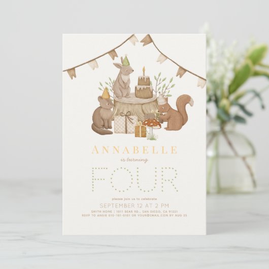 ウッドランドアニマルズフォレストパーティー子供の誕生日 招待状 (スタンド正面)