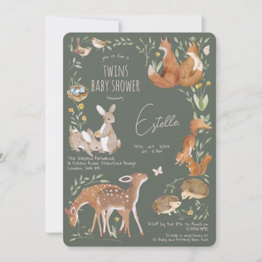 ウッドランドアニマルズフォレストフレンズ双子ベビーシャワー 招待状 (正面)