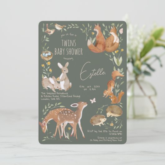 ウッドランドアニマルズフォレストフレンズ双子ベビーシャワー 招待状 (スタンド正面)