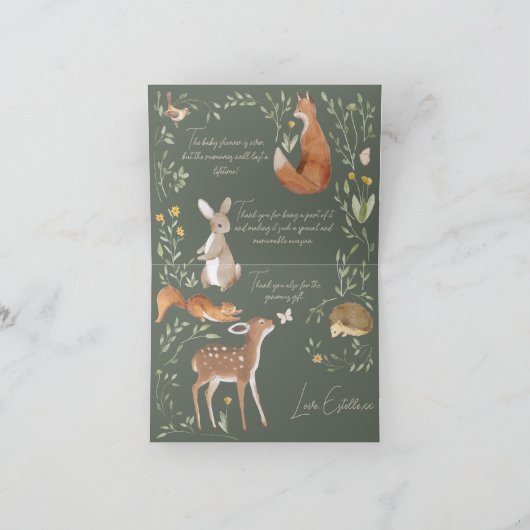ウッドランドアニマルズフォレストフレンズ赤ちゃんシャワー サンキューカード (内部)